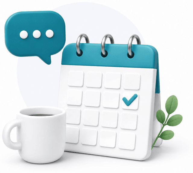 Calendar cu bifă, balon de discuție și o cană de cafea