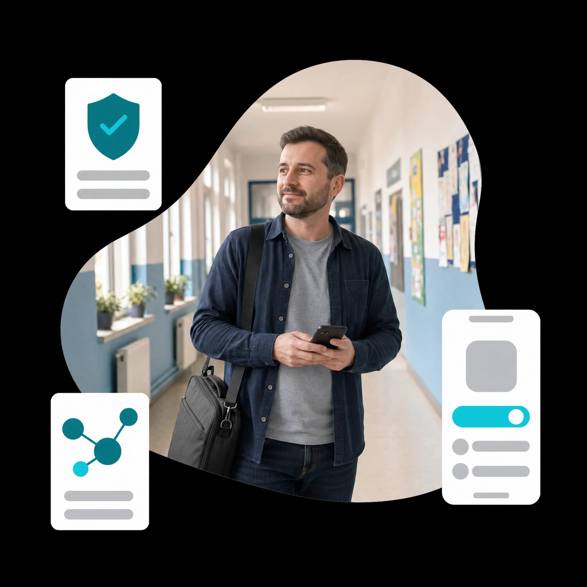 Administrator IT cu telefonul în mână pe holul unei școli, alături de panouri cu protecția datelor, integrările și aplicația mobilă