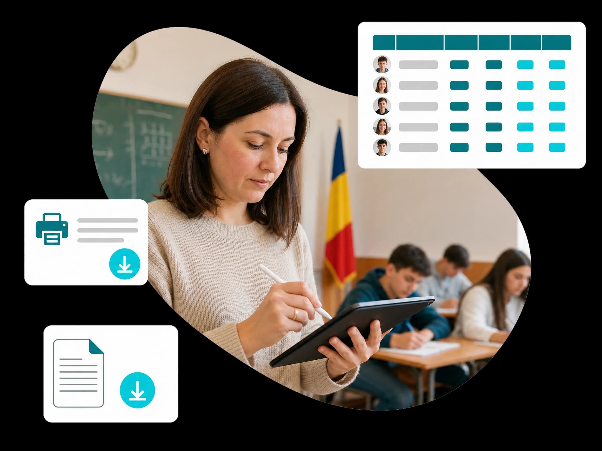 Profesoară care trece note pe o tabletă în fața clasei, alături de panouri cu catalogul de note și un document pregătit pentru tipărire